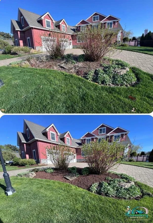 Landscape bed mulch refresh and cleanup before and after in Linwood NJ